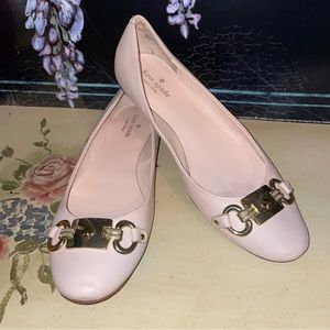Kate Spade “Phoebe” Pale Blush Pink Leather Gold Buckle Link Front Flats